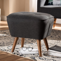 Baxton Studio BBT5341-Dark Grey Petronelle Mid-Century Modern Dark Grey Fabric Upholstered Walnut Brown Finished Wood Ottoman